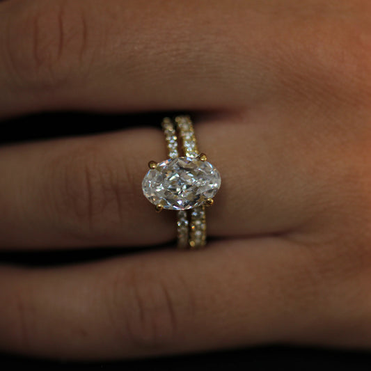 14K gold plated oval crushed ice engagement ring with pave band