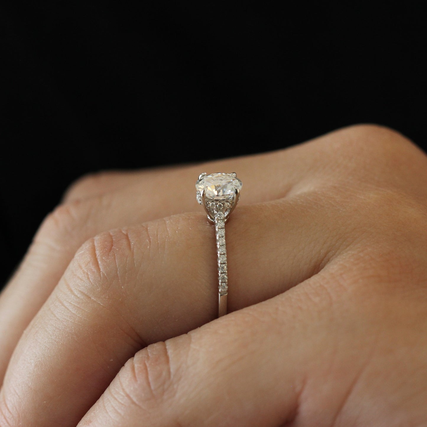 Side view of a 1 carat round moissanite ring with a pavé band