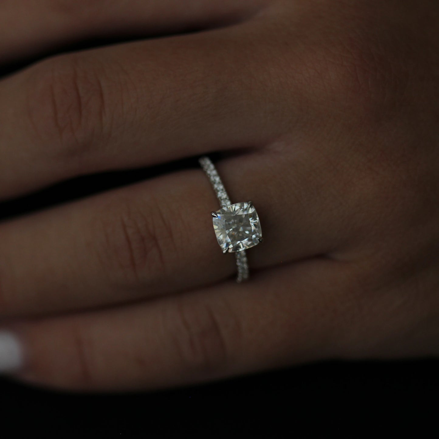 2 carat cushion moissanite ring with pave band