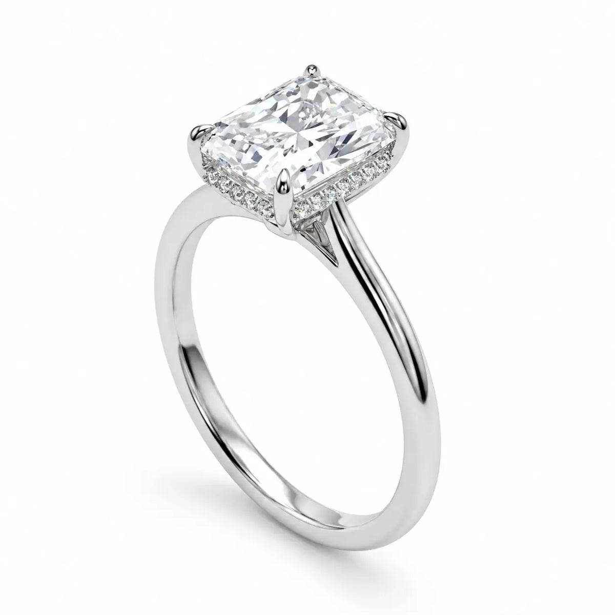 2 carat radiant cut moissanite engagement ring with hidden halo in silver