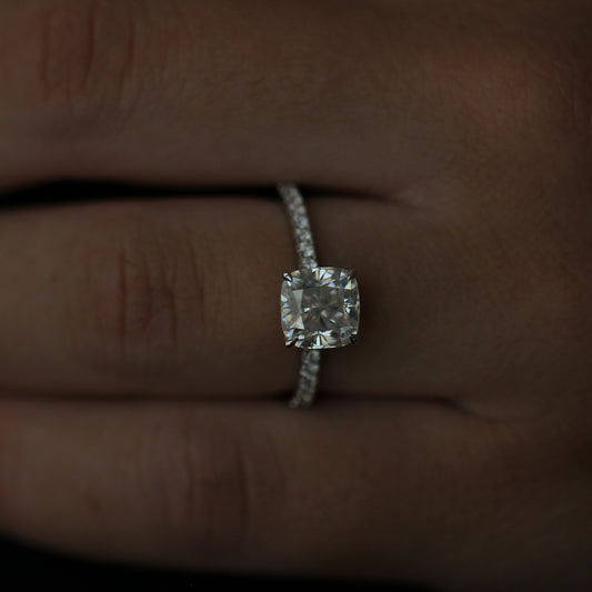 2 ct cushion moissanite ring with pave band