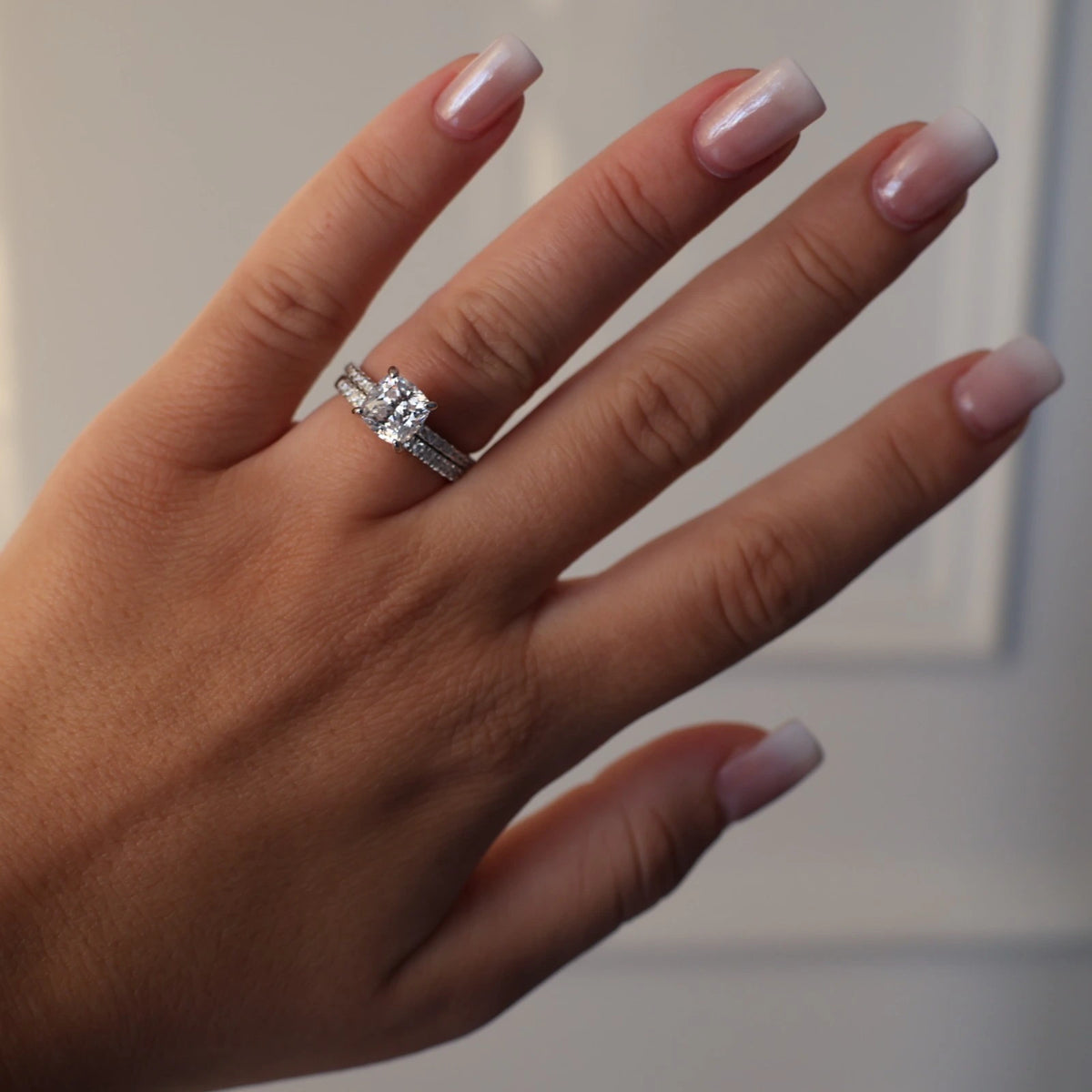 2ct cushion CZ silver ring with hidden halo