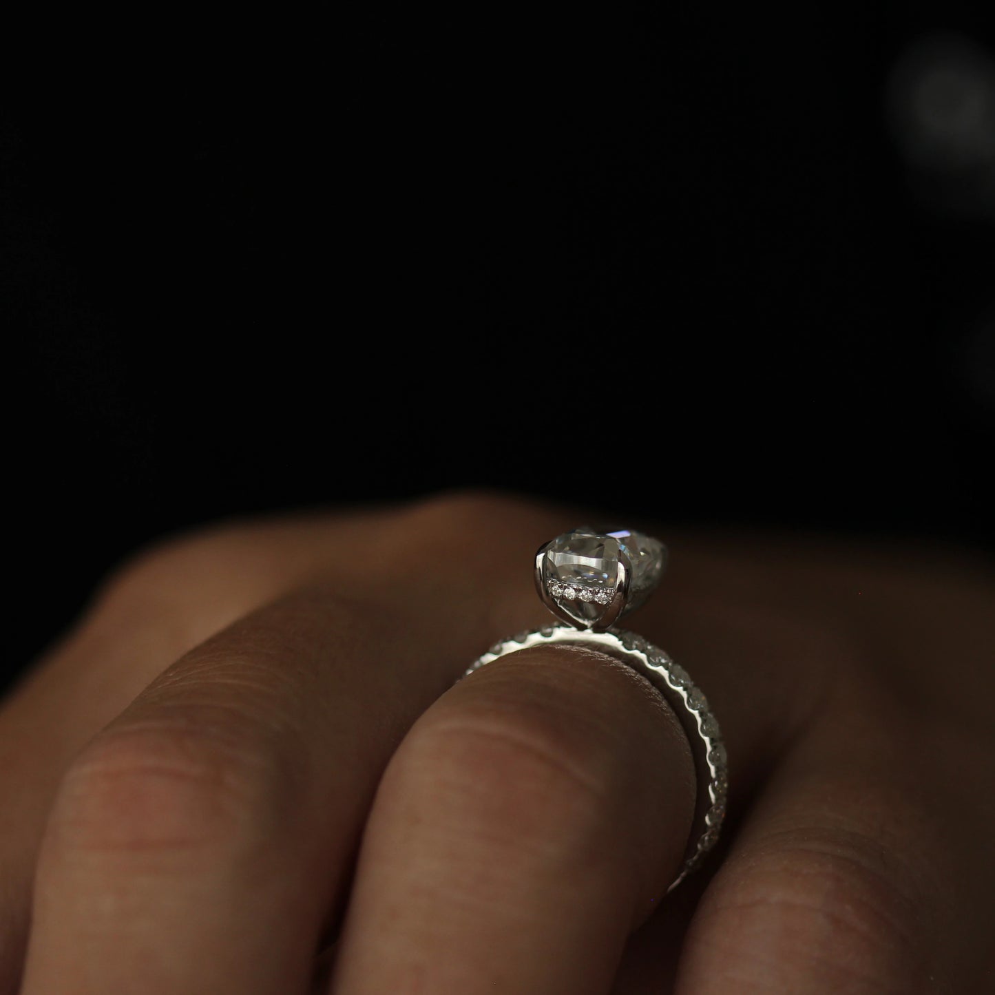 side view of 3 ct elongated cushion moissanite ring