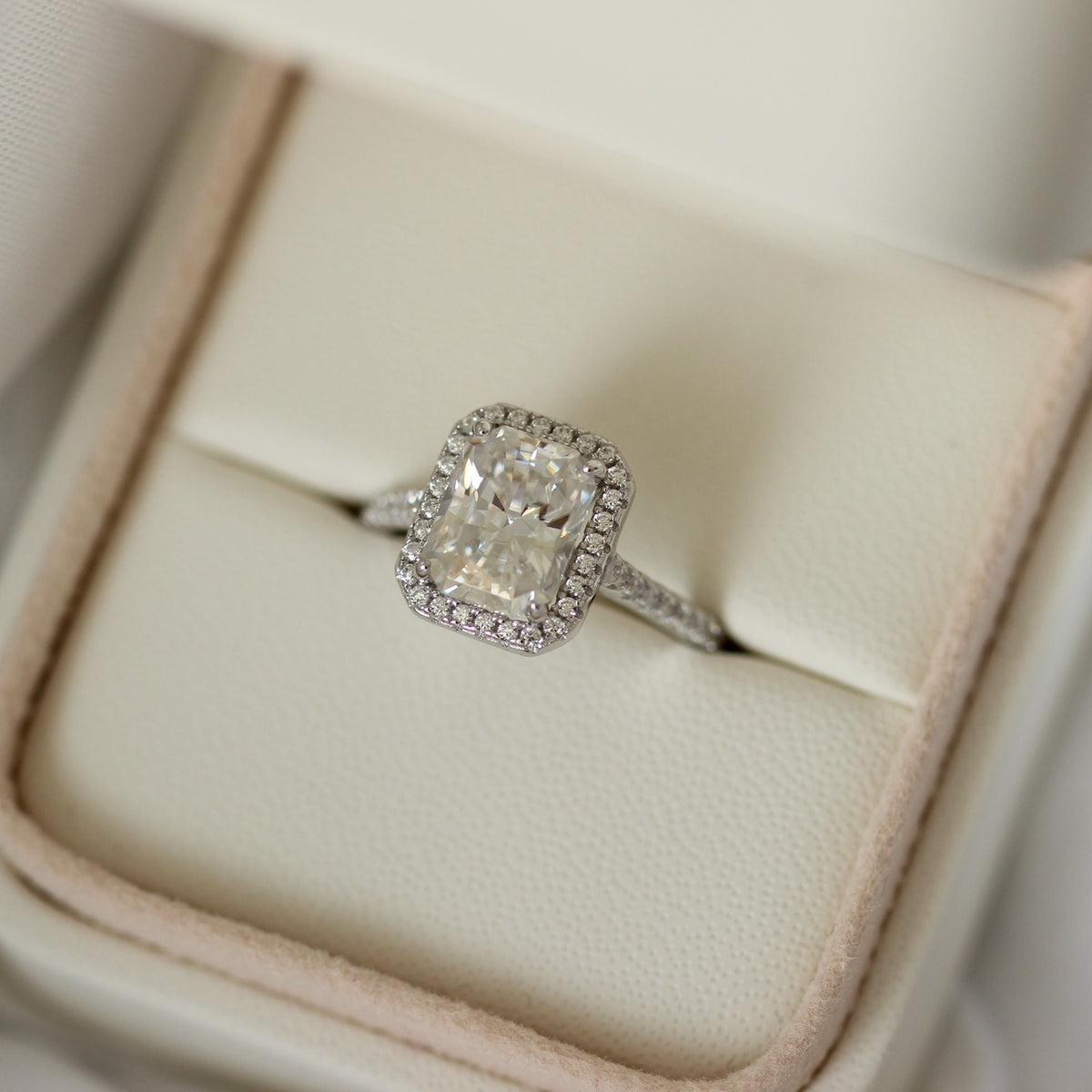 3 carat radiant cut moissanite engagement ring with halo