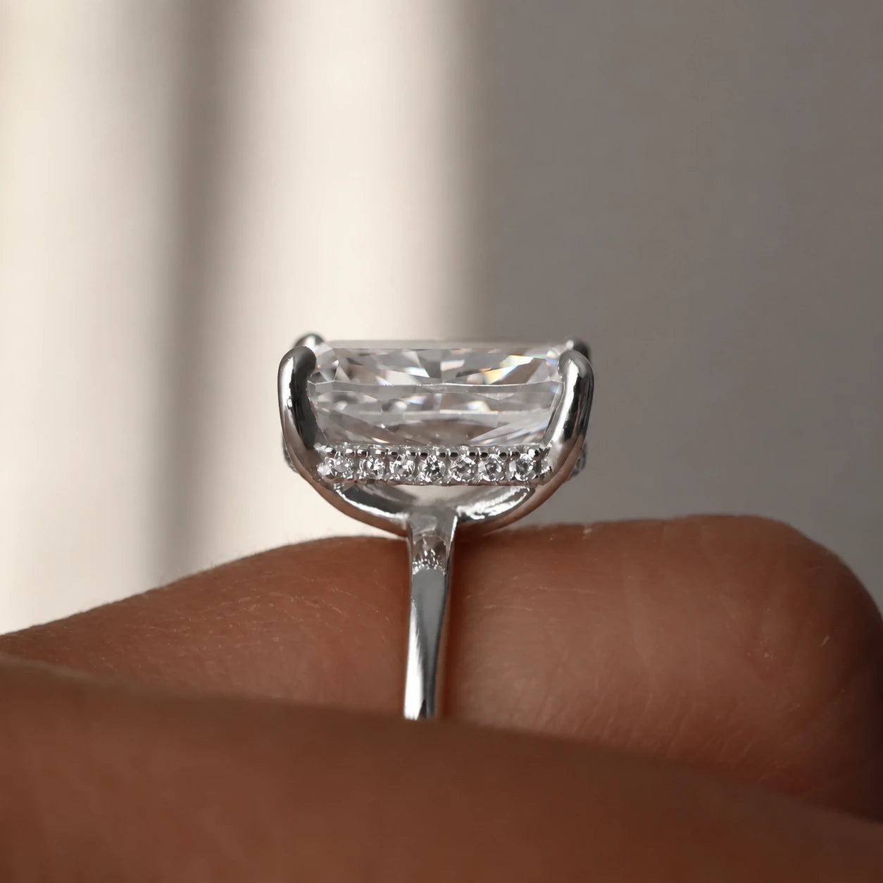 3.5 ct elongated cushion cut cz engagement ring in silver