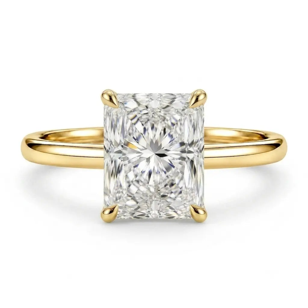 3 carat radiant cut moissanite ring in 14k gold filled with hidden halo