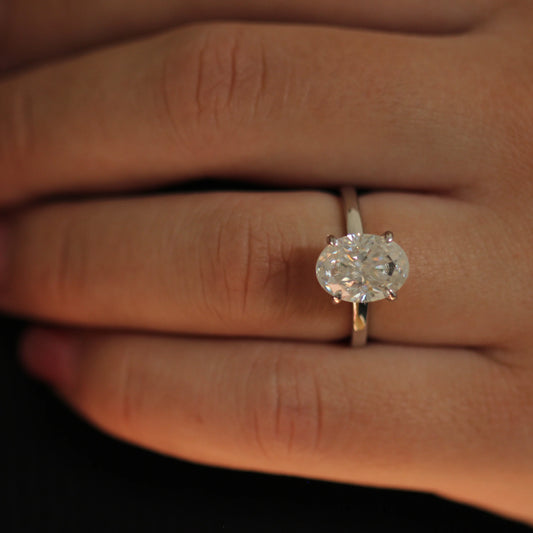 4ct elongated oval moissanite engagement ring in sterling silver