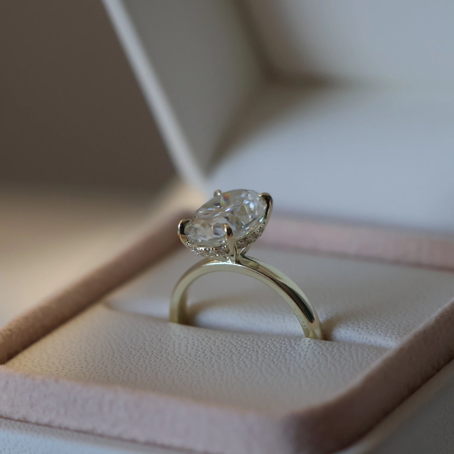4 carat oval moissanite hidden halo ring with 14K gold filled setting