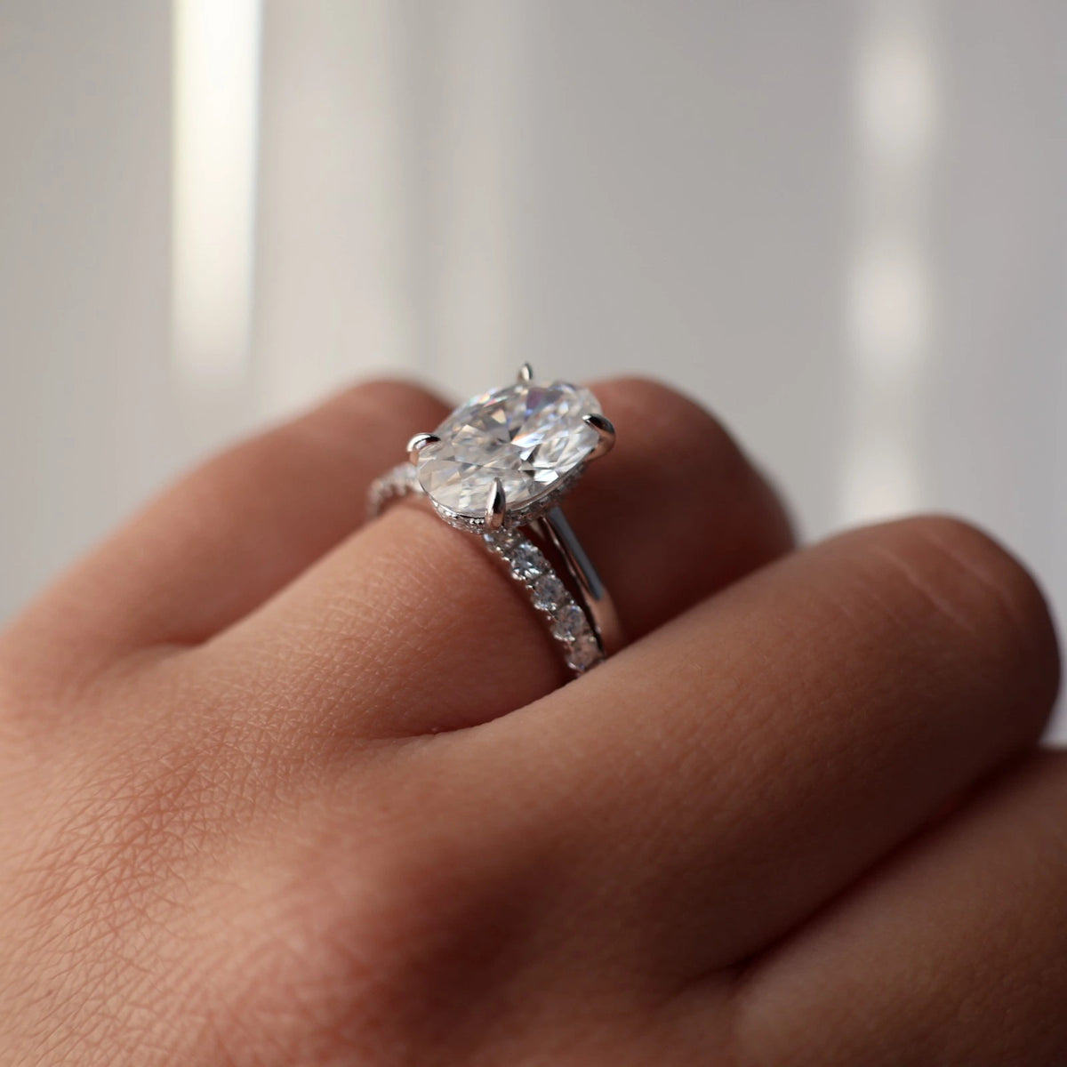 4 ct oval moissanite hidden halo solitaire ring in 925 sterling silver