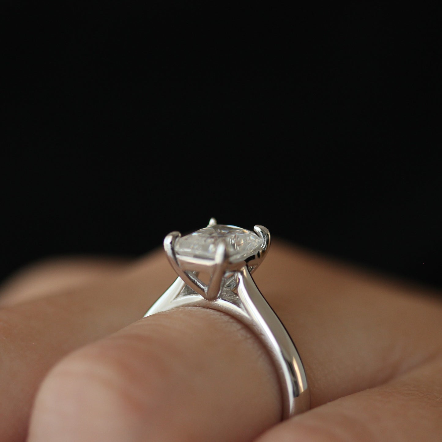 Front profile view of 2ct radiant moissanite ring