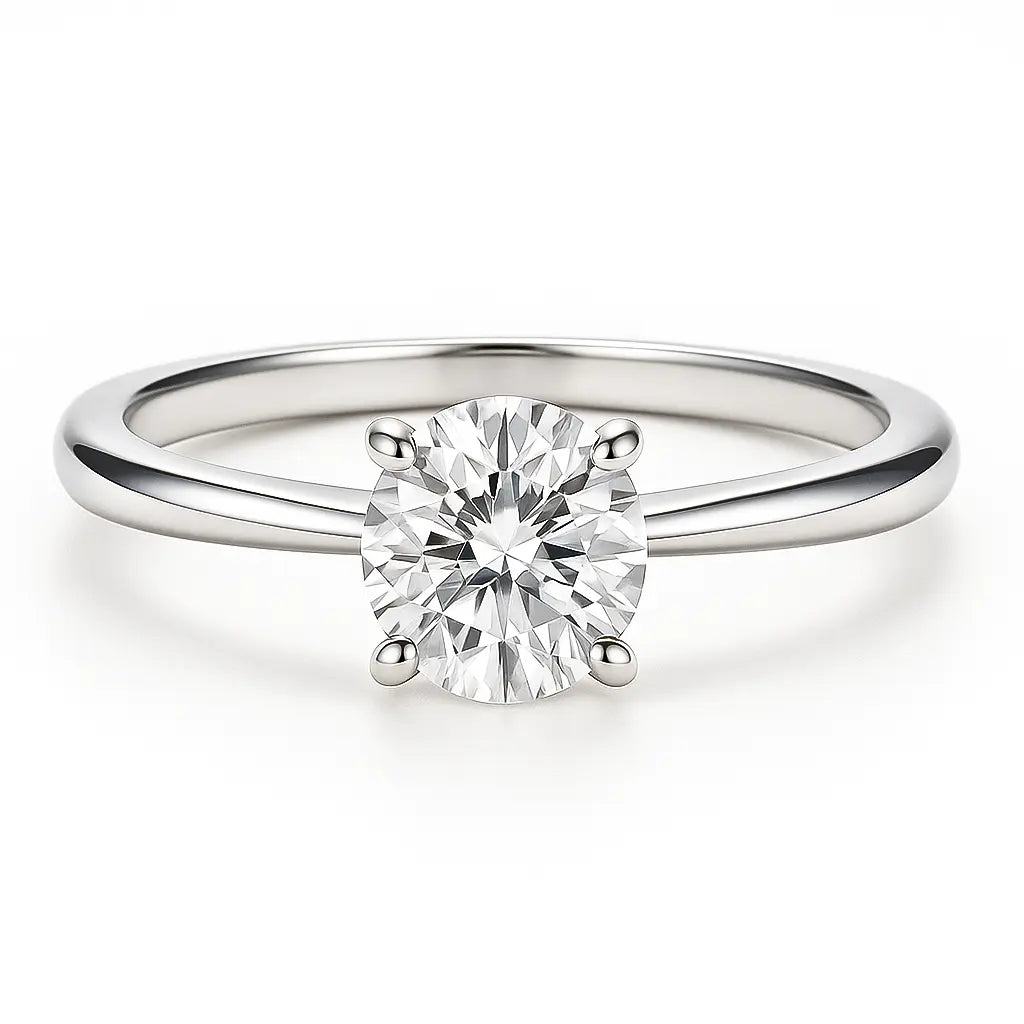 2 carat round cut moissanite ring on white background