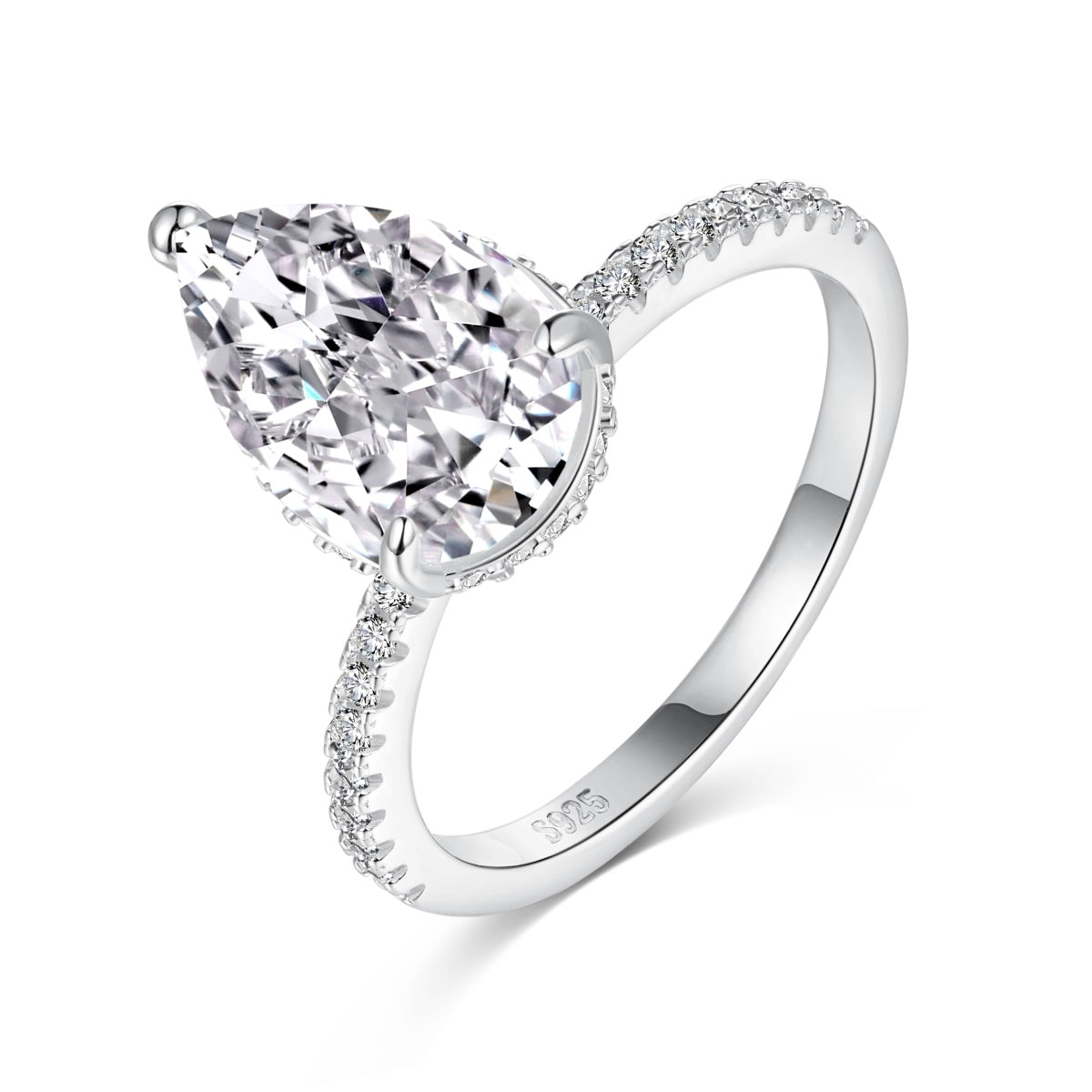 3 carat silver pear cubic zirconia ring on white background
