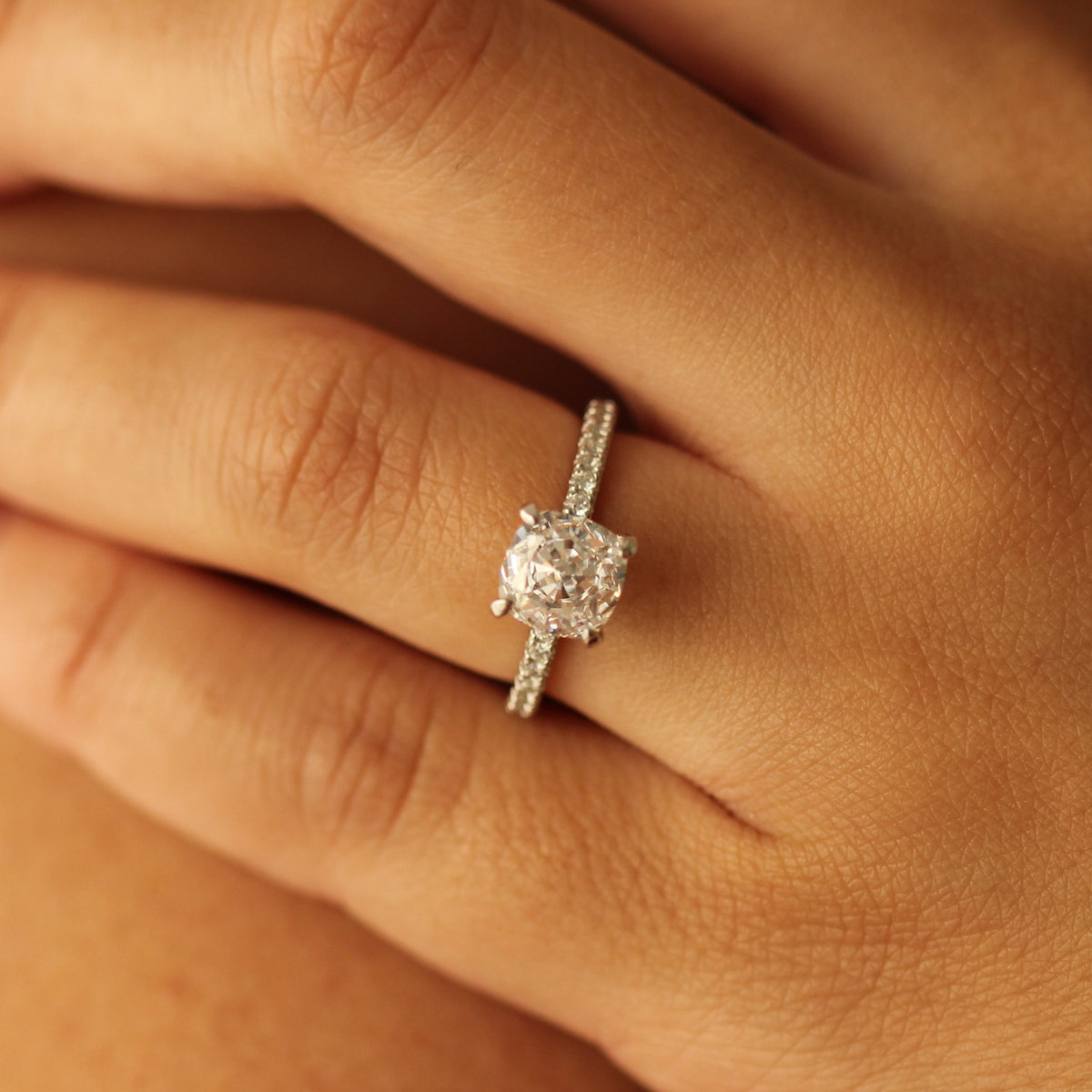 Florence 2 carat Cushion Ring on hand