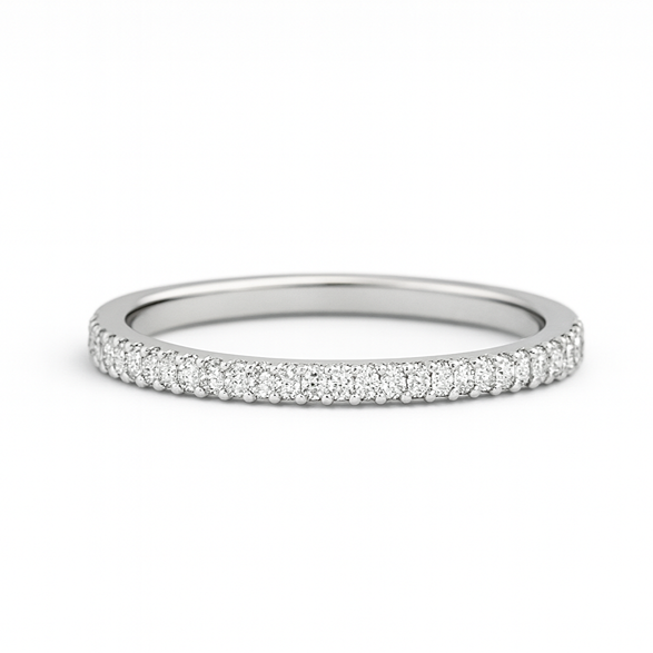 Silver moissanite half eternity ring on white background