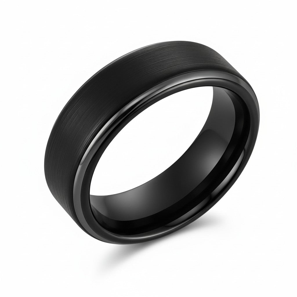 K2 black stepped edge mens ring on white background