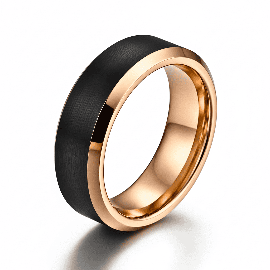 Two-tone ring with black and rose gold finish on a white background