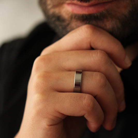 Men’s polished silver flat wedding band 6mm width