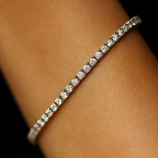 Moissanite tennis bracelet 3mm bracelet on a wrist against a dark background