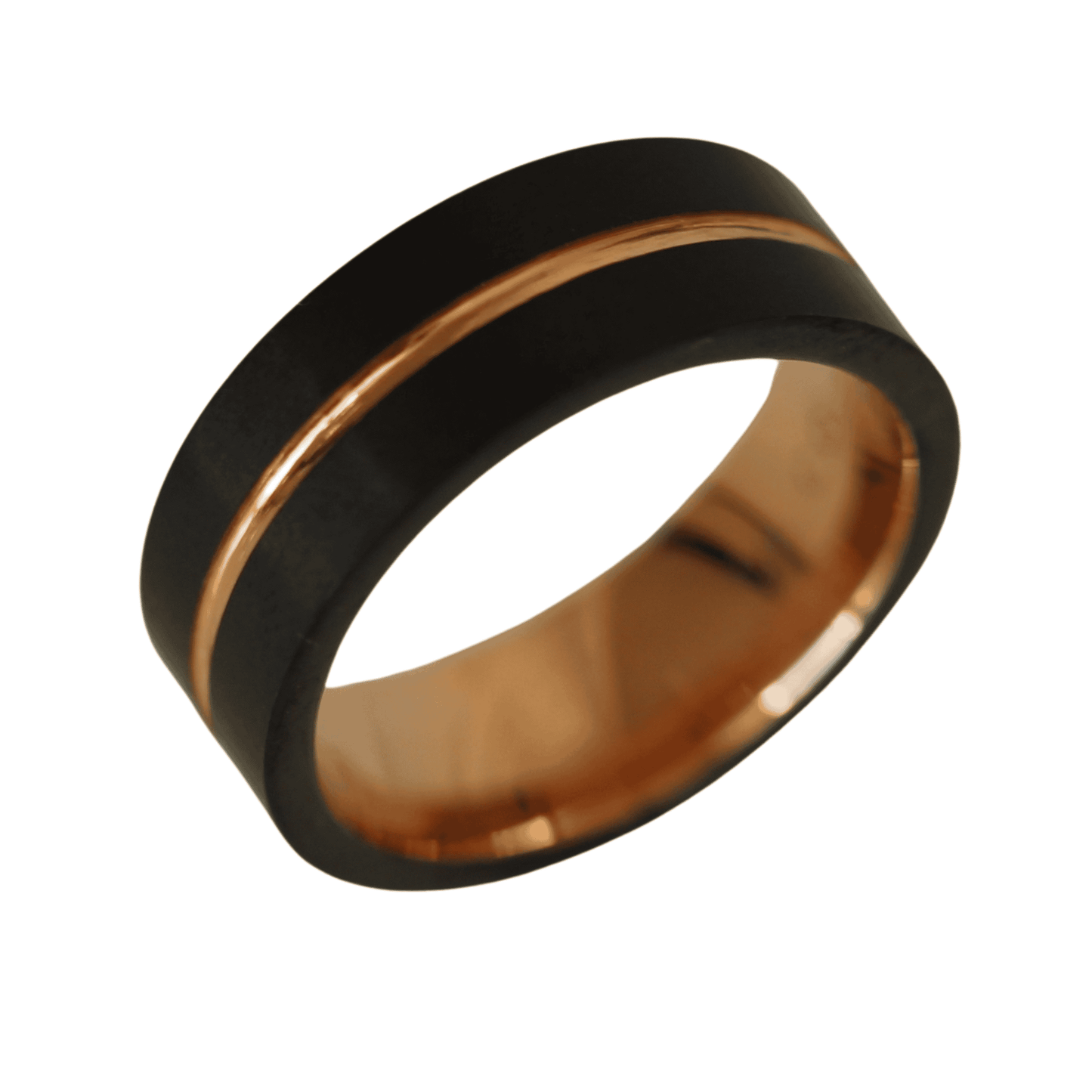 Rose gold black mens ring on white background
