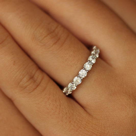 pristina silver eternity stacker ring 3mm on white background on finger