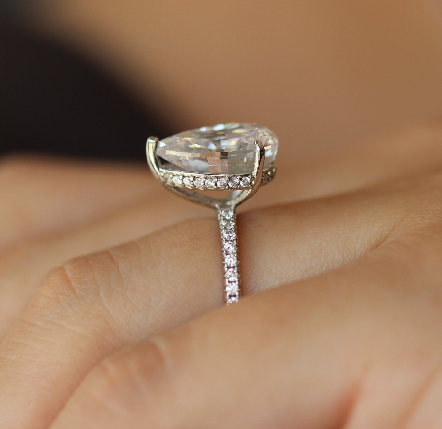 Silver 3ct pear ring on hand