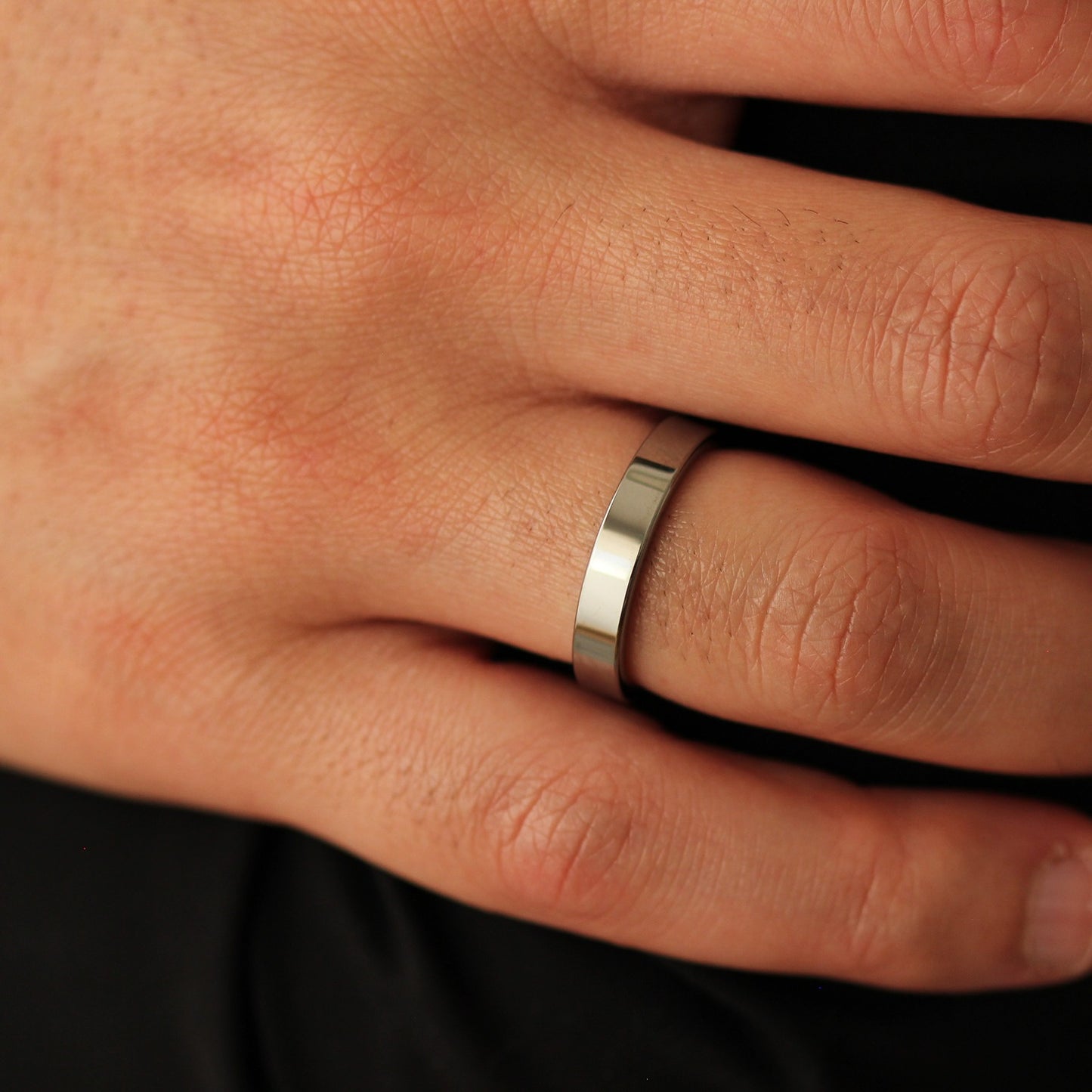 Shiny silver flat wedding band 4mm width