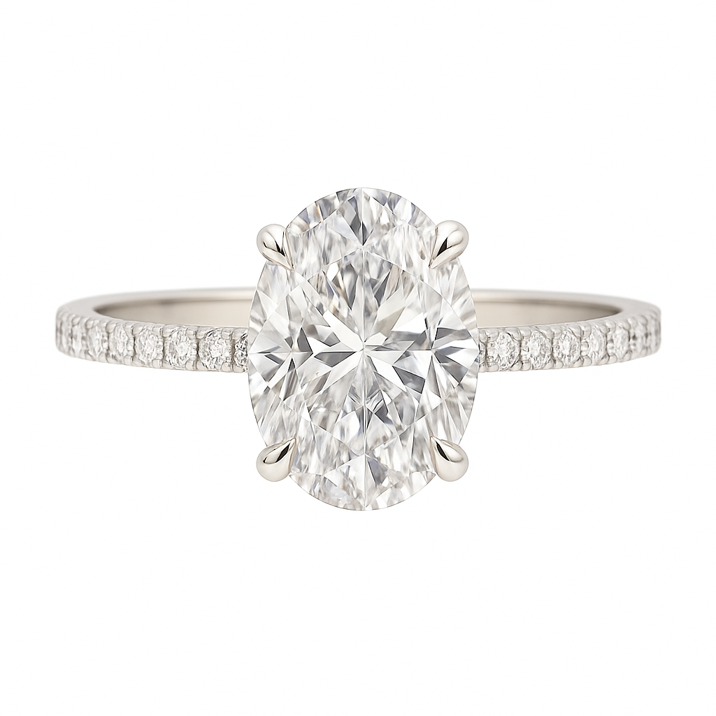 Oval moissanite ring with pave band on white background