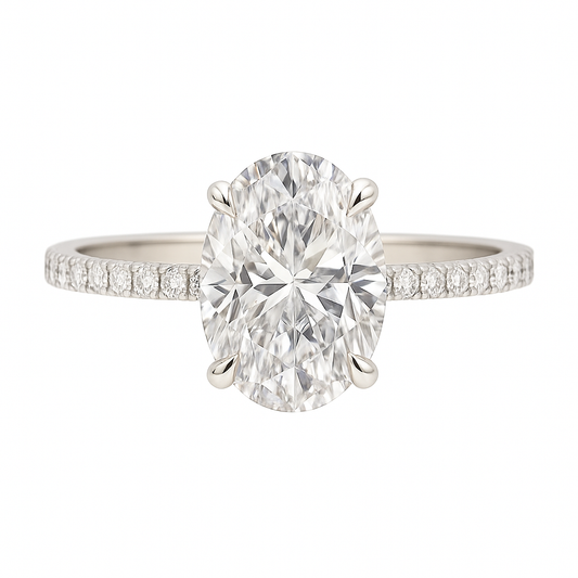 Oval moissanite ring with pave band on white background