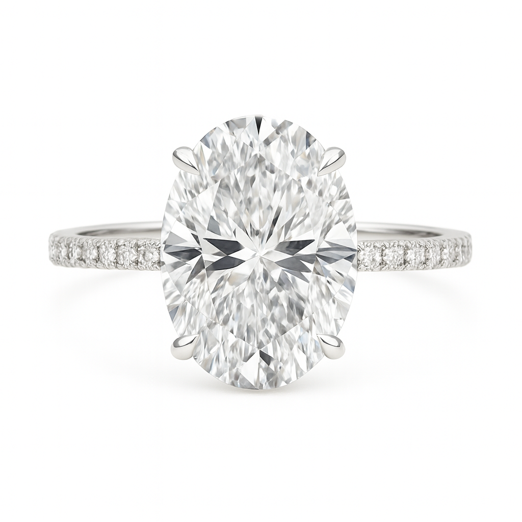 moissanite oval ring with a large central gemstone and smaller moissanite stones on the band against a white background
