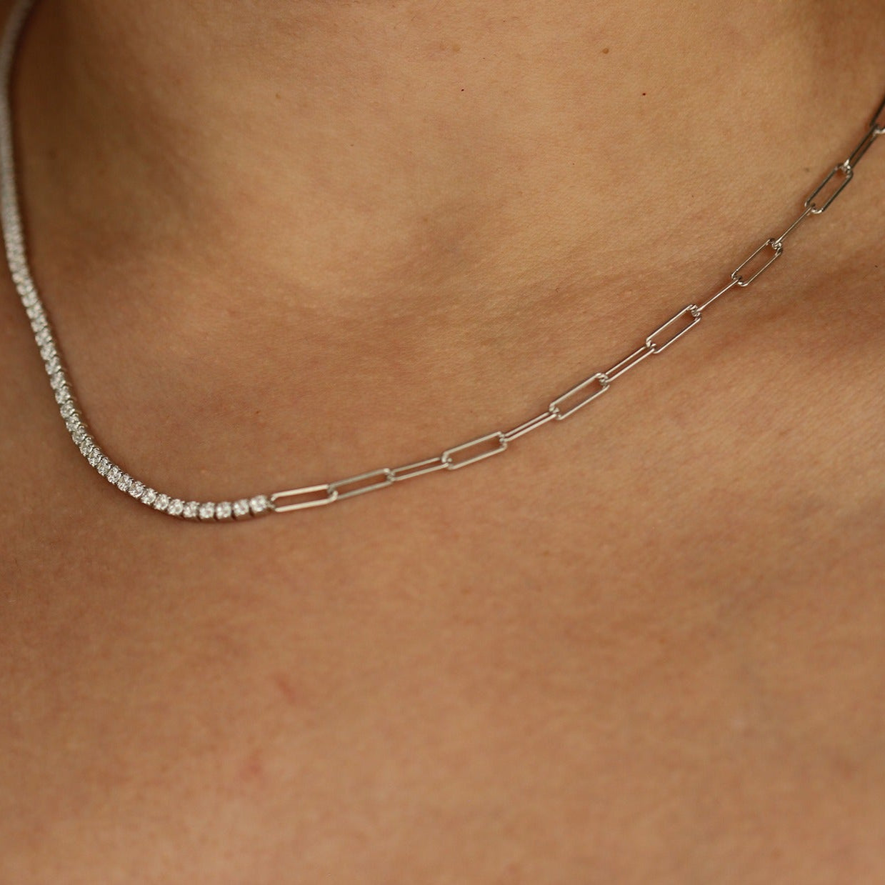 Silver tennis necklace on model