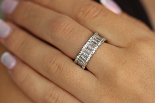 Silver stacker ring with baguette and round cubic zirconia stones