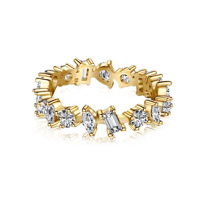 gold fashion Travel Ring with marquise, round, and emerald cut stones