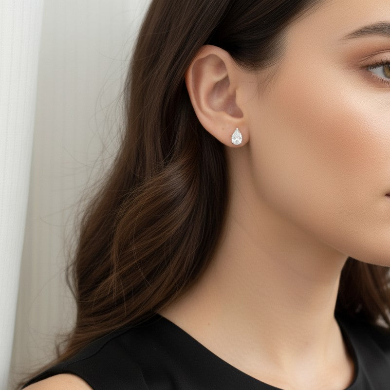 silver pear stud earrings cubic zirconia