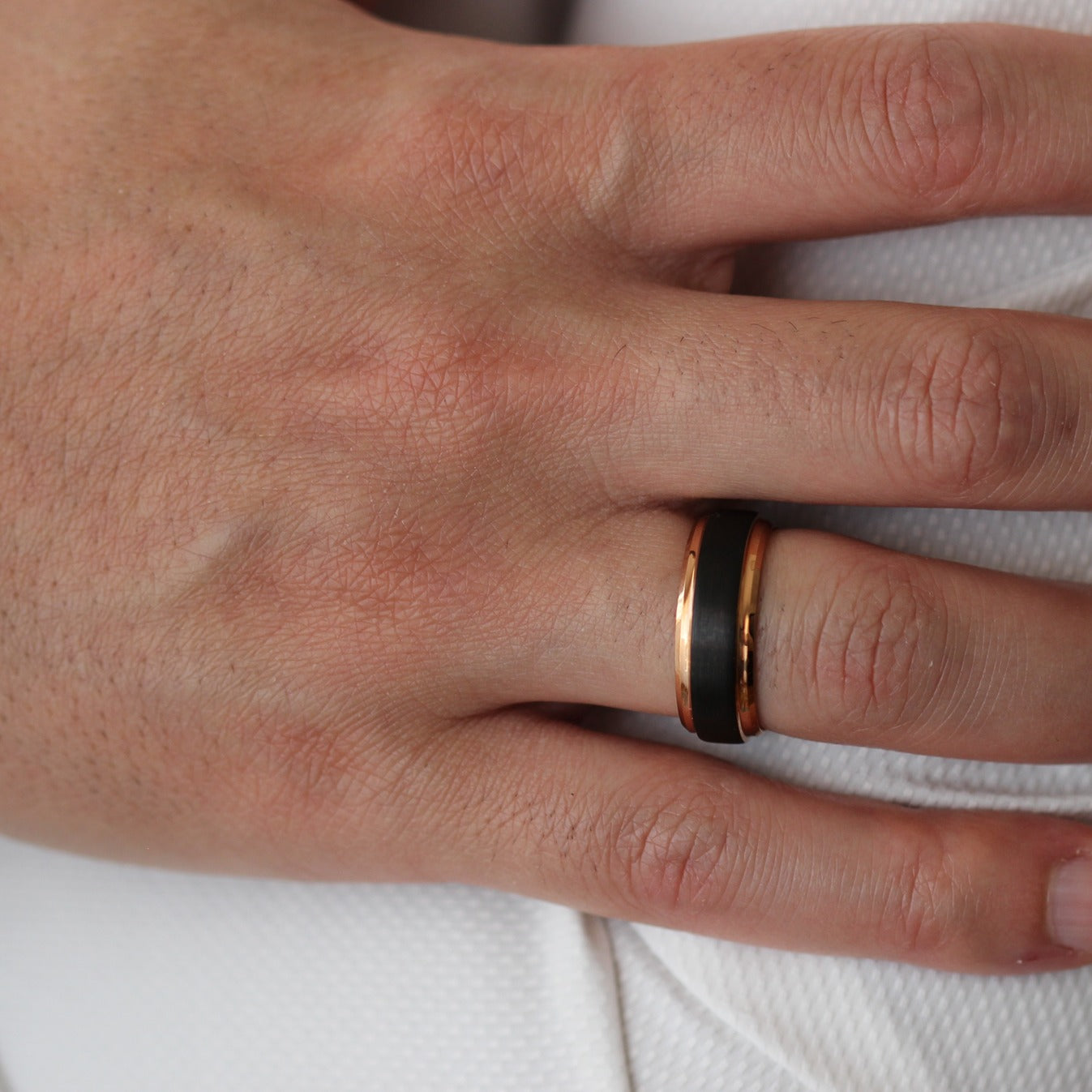 black and rose gold stepped edges mens ring