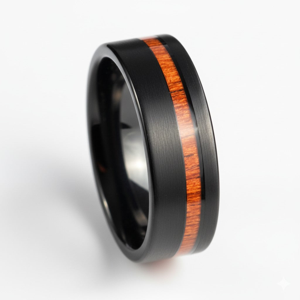 Matte Black ring with a wooden inlay on a white background