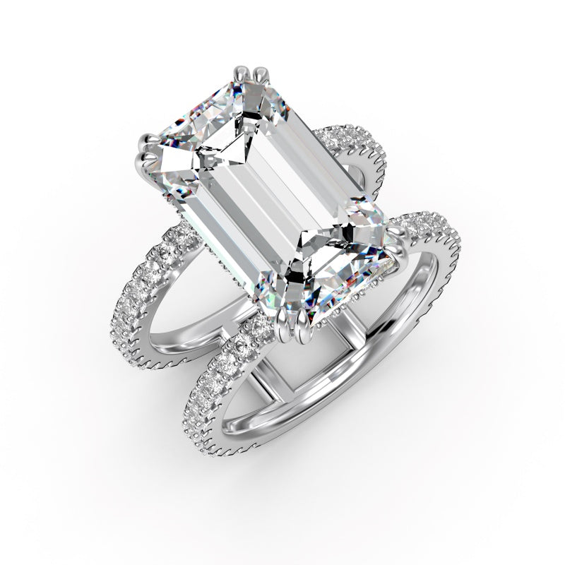 emerald silver ring with two bands with cubic zirconia stones also on the band