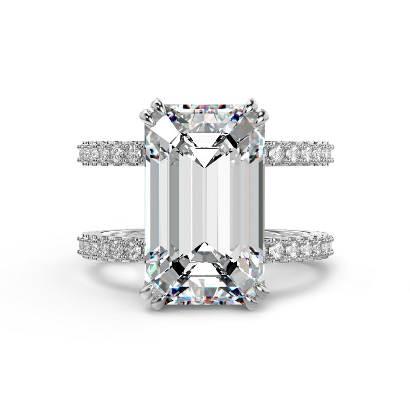 emerald silver ring with two bands with cubic zirconia stones also on the band