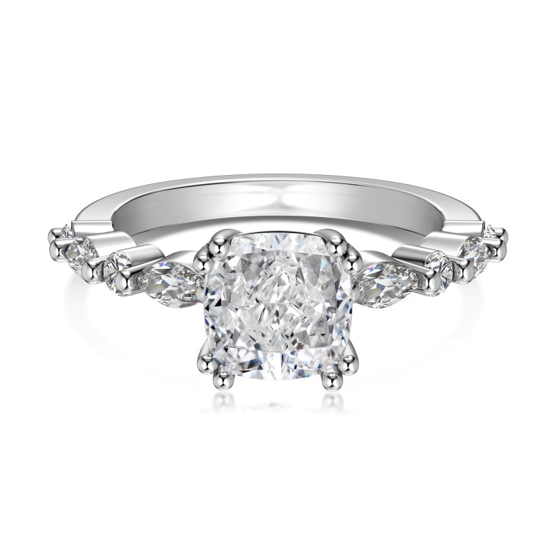 silver ring with square centre stone with a radiant cut