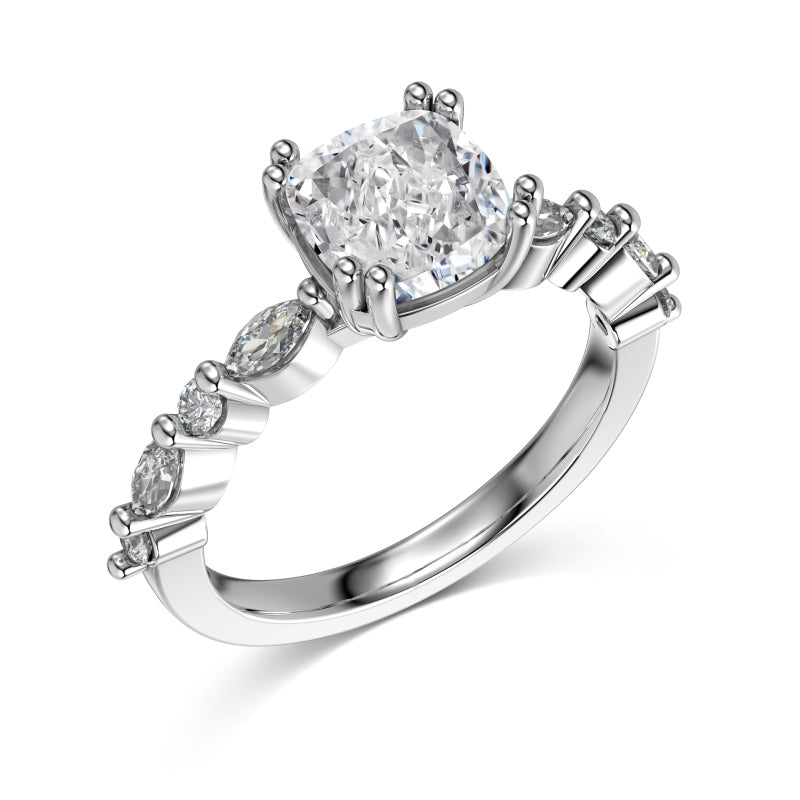 silver ring with square centre stone with a radiant cut
