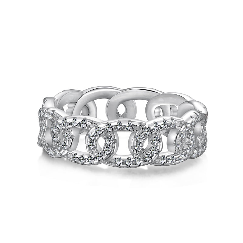 chain link ring with cz stones on the chain links with plain white background