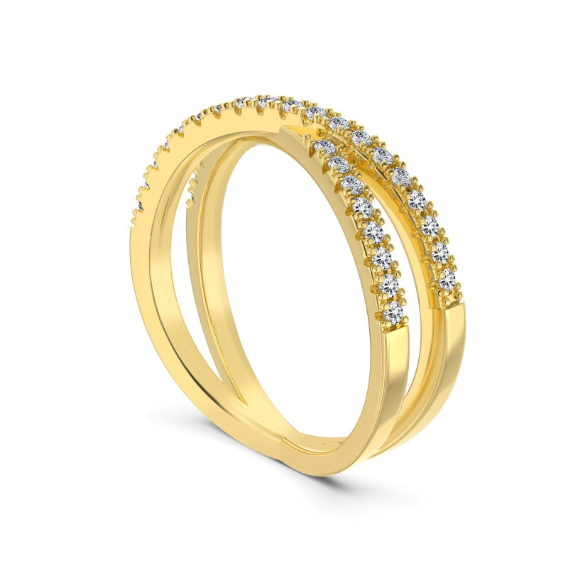 Criss cross gold ring with round cz stones on white background