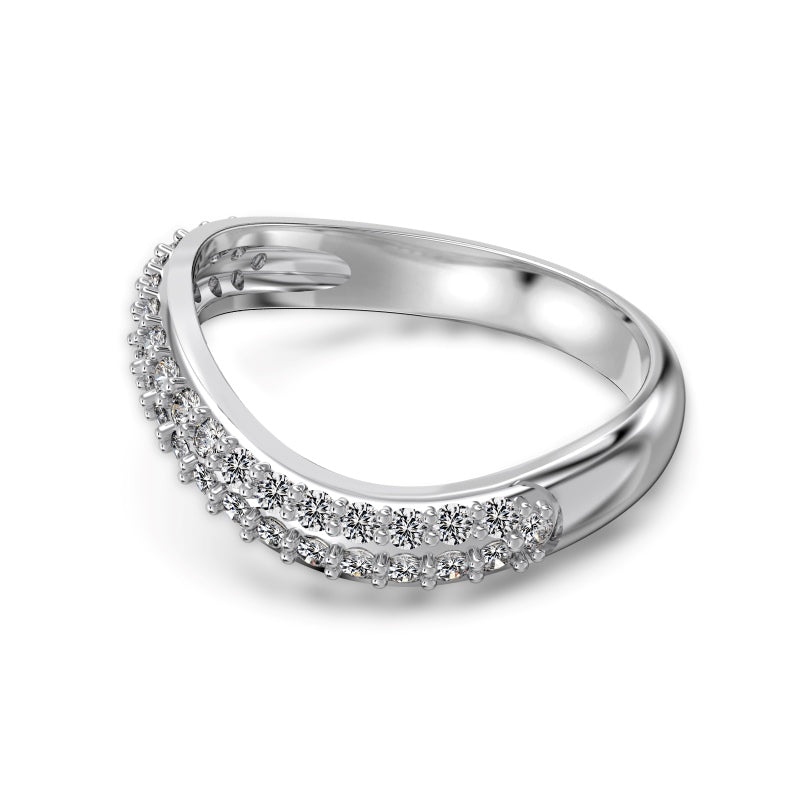 curved half pave ring in silver on white background