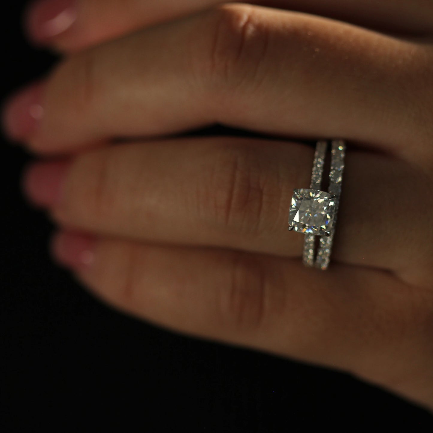 Cushion cut 2 carat moissanite ring with pave band and matching moissanite wedding band stack