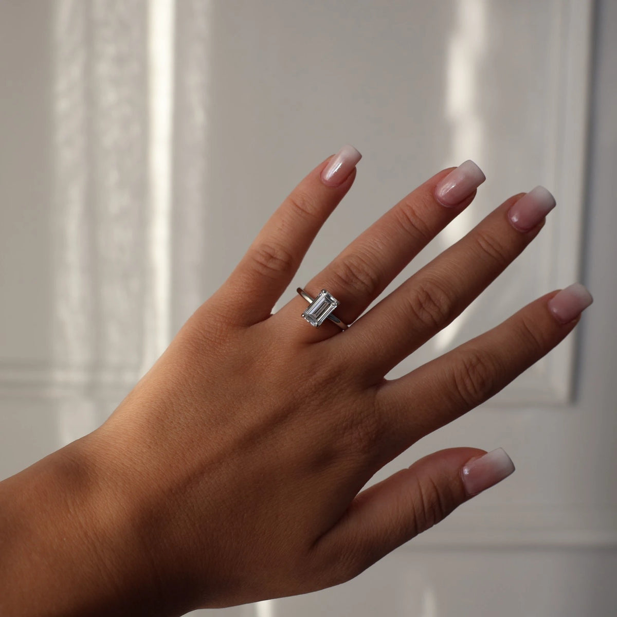 elongated emerald cut 3ct silver engagement ring