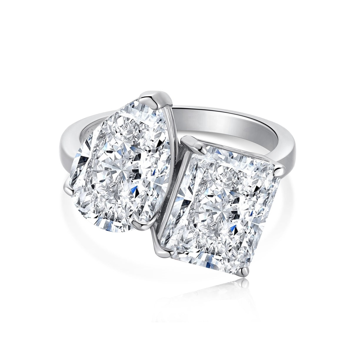 silver toi et moi ring with pear and rectangle stone
