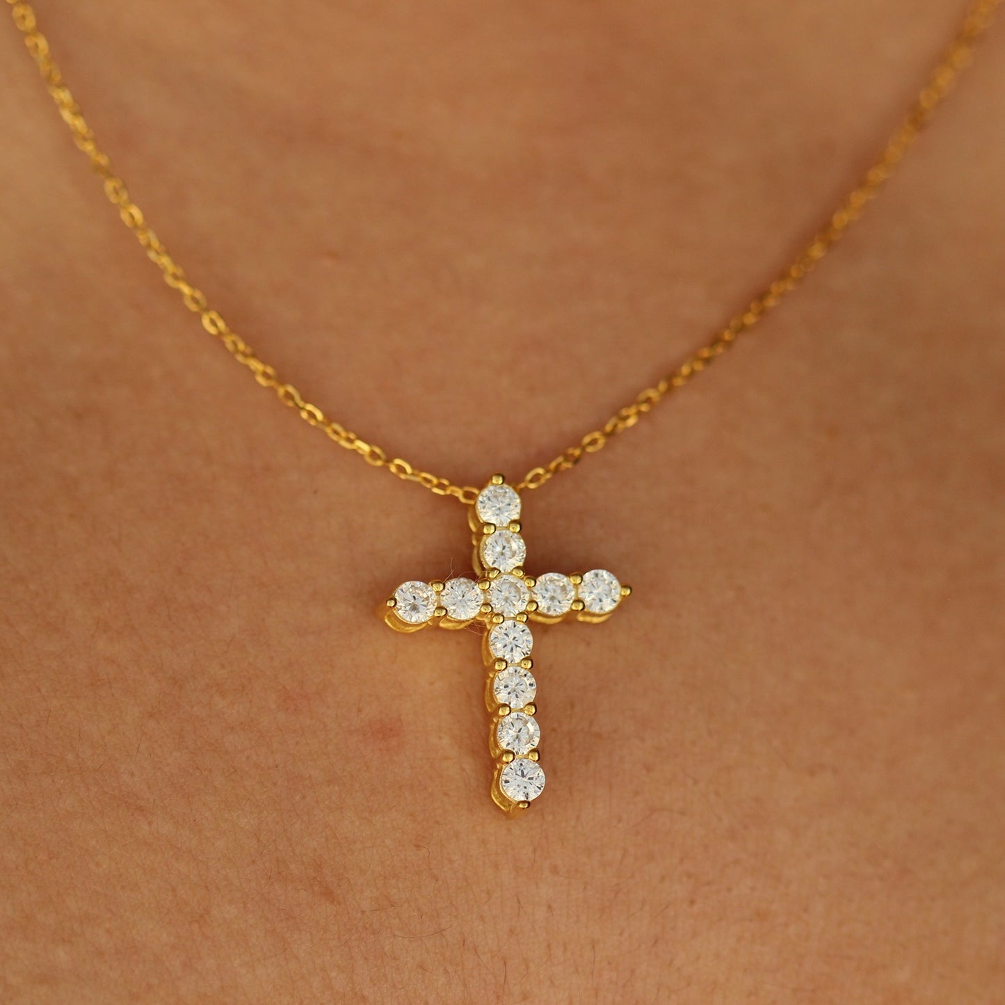 18k plated golden chain cross necklace on model