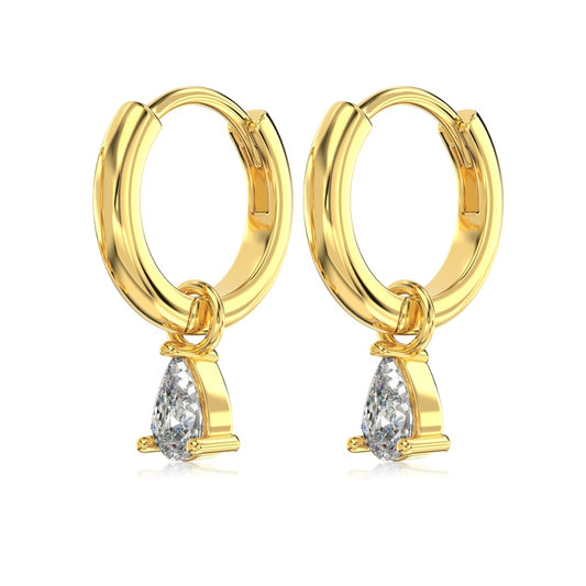 gold hoop earrings with pear charm on white background