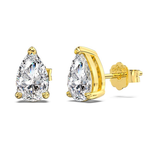 pear cut stud earrings in gold on white background side view
