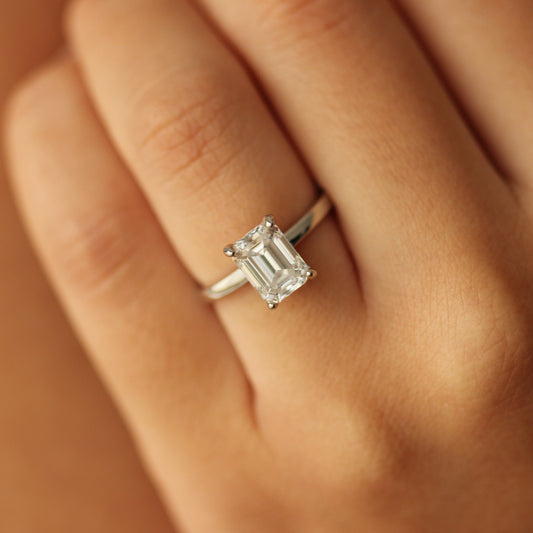 plain silver band with 2 carat moissanite centre stone on hand