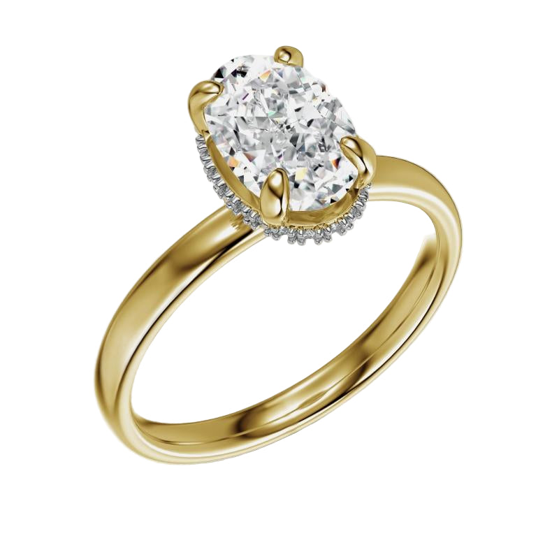 1.5 Ct Gold Oval Ring with hidden halo on white background